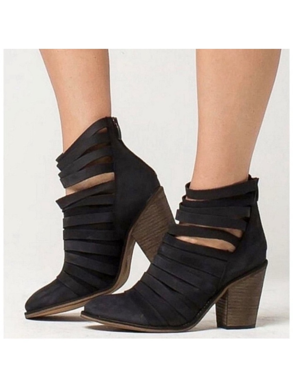 Free People Black Strappy Cutout Block Heel Ankle Booties